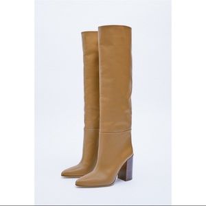 Zara Tan Leather Knee High Tall Stacked Heeled Boots Size 37